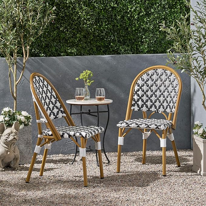 Christopher Knight Home Anastasia Outdoor French Bistro Chair (Set of 2), Black + White + Bamboo Print Finish - Photo 2