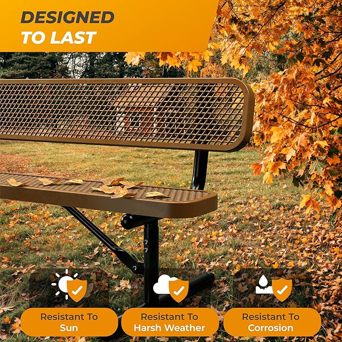 Heavy-Duty Outdoor Metal Bench, Thermoplastic-Coated, Portable, Weatherproof, Commercial-Grade for Parks, Gardens, Patios, Stores & More (8 Ft - Portable with Back, Brown)