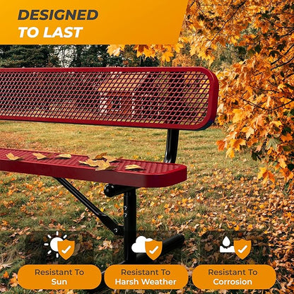 Heavy-Duty Outdoor Metal Bench, Thermoplastic-Coated, Portable, Weatherproof, Commercial-Grade for Parks, Gardens, Patios, Stores & More (4 Ft - Portable with Back, Red)