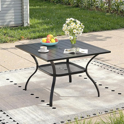 Outdoor Dining Table with Adjustable Umbrella Hole, 37.8" All-Weather Square Patio Dining Table for 4, Metal Patio Table for Garden Lawn Porch Deck Yard, Black