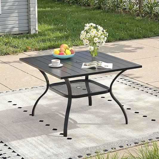 Outdoor Dining Table with Adjustable Umbrella Hole, 37.8" All-Weather Square Patio Dining Table for 4, Metal Patio Table for Garden Lawn Porch Deck Yard, Black
