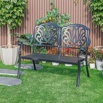 Hi-Line Gift Ltd. Midnight Oasis- Black Cast Aluminium Garden Bench with Easy Assembly