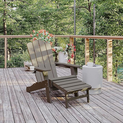 Flash Furniture Newport Poly Resin Adirondack Chair with Cup Holder and Pull Out Ottoman, All-Weather Poly Resin Indoor/Outdoor Lounge Chair, Brown