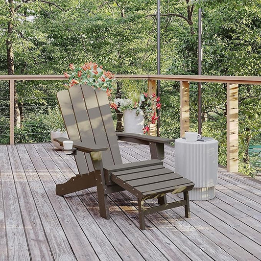 Flash Furniture Newport Poly Resin Adirondack Chair with Cup Holder and Pull Out Ottoman, All-Weather Poly Resin Indoor/Outdoor Lounge Chair, Brown