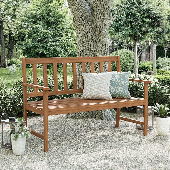 Greemotion Borkum 4-Feet Eucalyptus Solid Wood Outdoor Bench, Garden Chair for Patio Backyard Porch, Natural - Photo 2