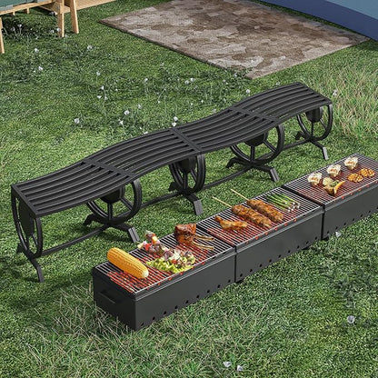 Outdoor Bench Patio Outdoor Garden Bench with Built-in Table, Wagon Wheel Arms, 3 People Outdoor Bench Garden Bench Front Porch Furniture (Black-22.83inch-4Pieces)