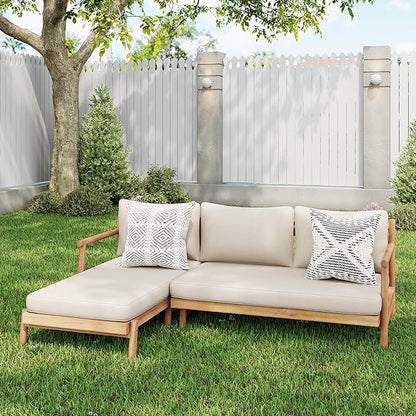 Christopher Knight Home Jorine Outdoor Acacia Wood Sofa, 78" L Shaped Sofa Set, Chaise Lounge and Loveseat Set, 3 Seater Couch, Patio Lounge, Upholstered Couch for Patio Backyard Garden, Teak+Beige
