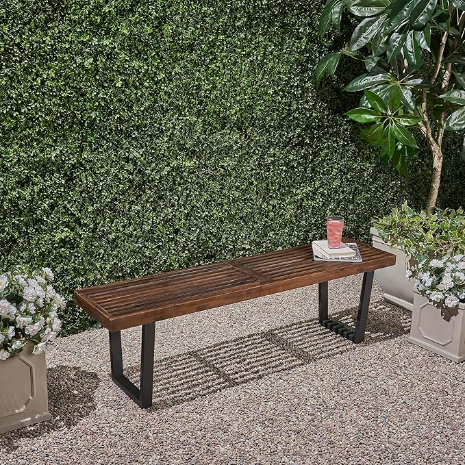 Merax 61.75" Acacia Wood Dining Bench with Iron Legs, Modern Indoor Outdoor Bench for Kitchen Table, Patio, Entryway, Brown and White