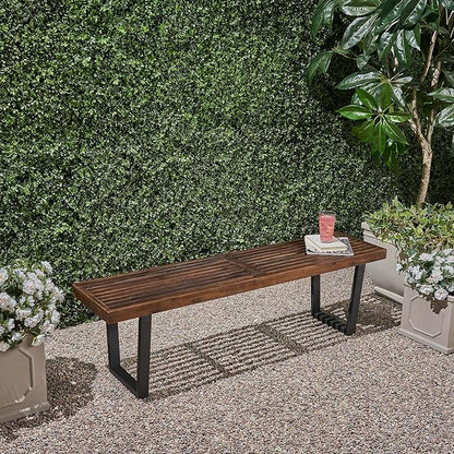 Merax 61.75" Acacia Wood Dining Bench with Iron Legs, Modern Indoor Outdoor Bench for Kitchen Table, Patio, Entryway, Brown and White