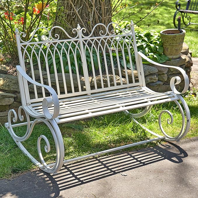 Zaer Ltd. Outdoor Metal Rocking Arm Chair/Bench (Bench, Antique White)