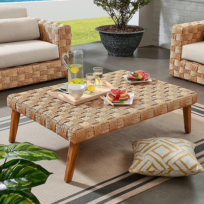Modway Thames Wicker Rattan Outdoor Coffee Table in Natural - Low-Profile Rectangle Patio Table - Weather Resistant Outdoor Wicker Coffee Table with Acacia Wood Legs for Deck, Pool, Balcony, Garden