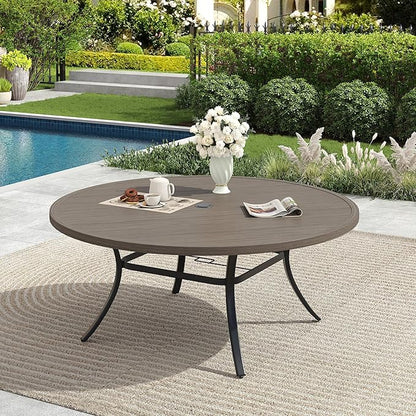 Patio Dining Table for 6-8, Round Metal Outdoor Table with 1.57" Umbrella Hole, 50" Outdoor Slat Tabletop Dining Table for Backyard, Porch, Lawn, Grey