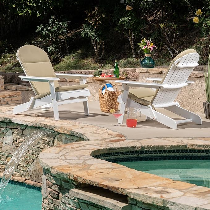 Christopher Knight Home 304625 Amenda Outdoor Acacia Wood Folding Adirondack Chairs with Cushions (Set of 2), White and Khaki