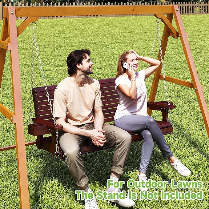 Real Relax Front Porch Swing, Wooden 2-Seater Outdoor Hanging Patio Swing Chair with Cup Holders - Photo 8