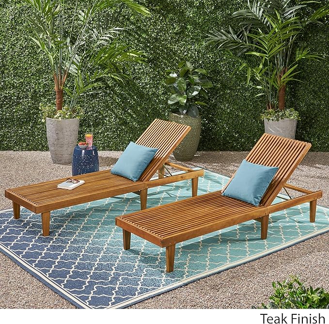 GDFStudio Outdoor Wooden Chaise Lounge, Set of 2 with Teak Finish