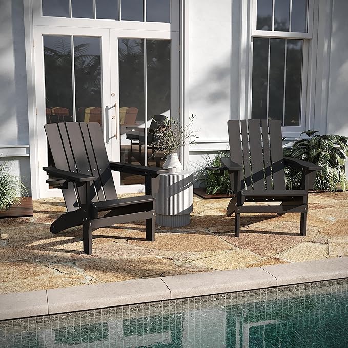 Taylor & Logan Hedley Adirondack Chair with Cup Holder, Weather Resistant HDPE Adirondack Chair in Gray, Set of 2