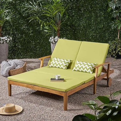 Christopher Knight Home Double Chaise Lounge Outdoor Patio Daybed with Adjustable Backrests, Acacia Wood Frame in Teak Finish, Water Resistant Green Cushions for Poolside Porch Deck