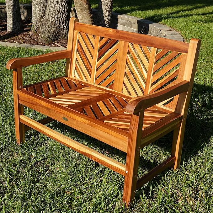 EcoDecors Eleganto 41 inch Outdoor Bench Teak Wood Garden Bench for Patio with Armrests and Backrest for Indoor Use and Outdoor, in Natural Color