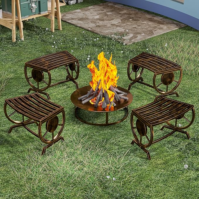 Outdoor Bench Patio Outdoor Garden Bench with Built-in Table, Wagon Wheel Arms, 3 People Outdoor Bench Garden Bench Front Porch Furniture (Bronze-22.83inch-2Pieces)