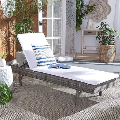 SAFAVIEH Outdoor Collection Cam Grey Brown Wicker/White Cushion Adjustable Chaise Lounge Chair, Black/Beige (PAT7501C)