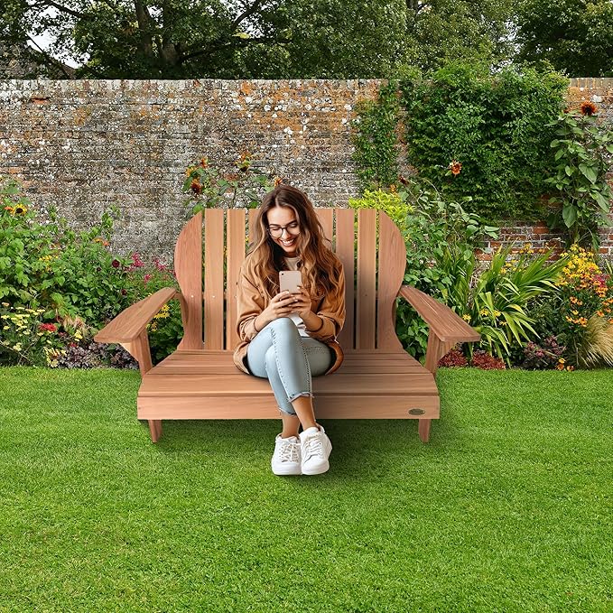 All Things Cedar 54” Wooden Adirondack Loveseat Chair, Outdoor Patio Seating, Natural