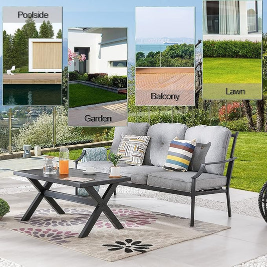 LOKATSE HOME Outdoor Patio Cushioned Loveseat 3 Seats Sofa Bench with Metal Coffee Table, Grey
