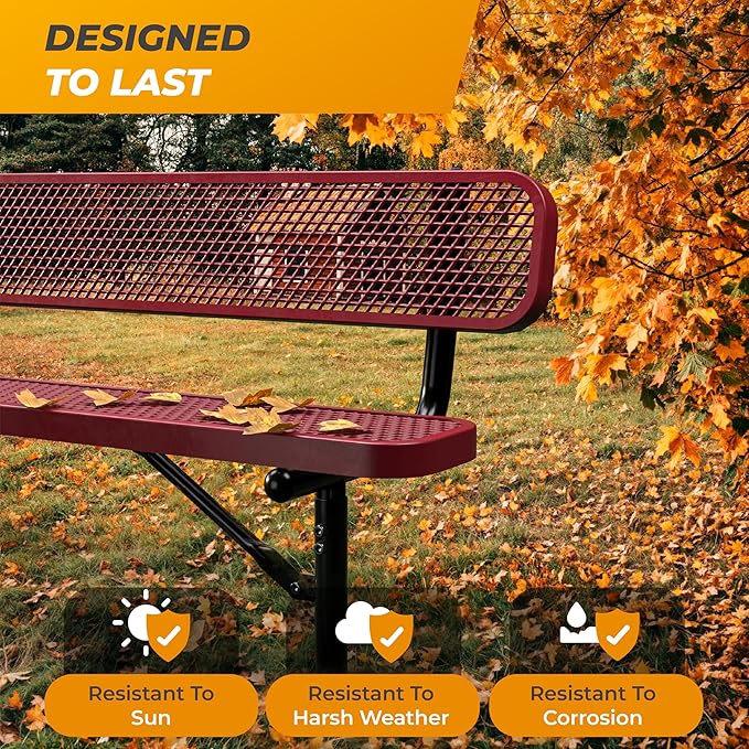 Heavy-Duty Outdoor Metal Bench, Thermoplastic-Coated, Inground, Weatherproof, Commercial-Grade for Parks, Gardens, Patios, Stores & More (6 Ft - Inground with Back, Red)