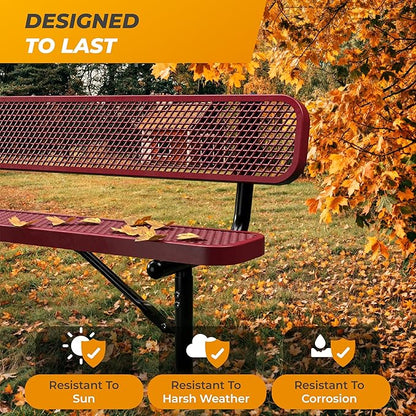 Heavy-Duty Outdoor Metal Bench, Thermoplastic-Coated, Inground, Weatherproof, Commercial-Grade for Parks, Gardens, Patios, Stores & More (6 Ft - Inground with Back, Red)