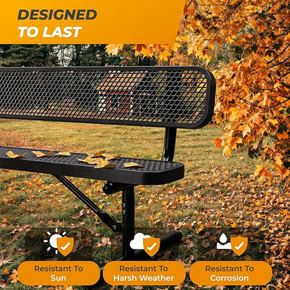 Heavy-Duty Outdoor Metal Bench, Thermoplastic-Coated, Portable, Weatherproof, Commercial-Grade for Parks, Gardens, Patios, Stores & More (8 Ft - Portable with Back, Black)