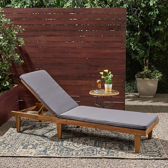 Great Deal Furniture Yvette Outdoor Acacia Wood Chaise Lounge and Cushion Set, Teak and Dark Gray, (309789)