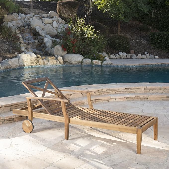 Christopher Knight Home Perla Outdoor Chaise Lounge with Water Resistant Cushion, Teak Finish / Blue - Photo 4