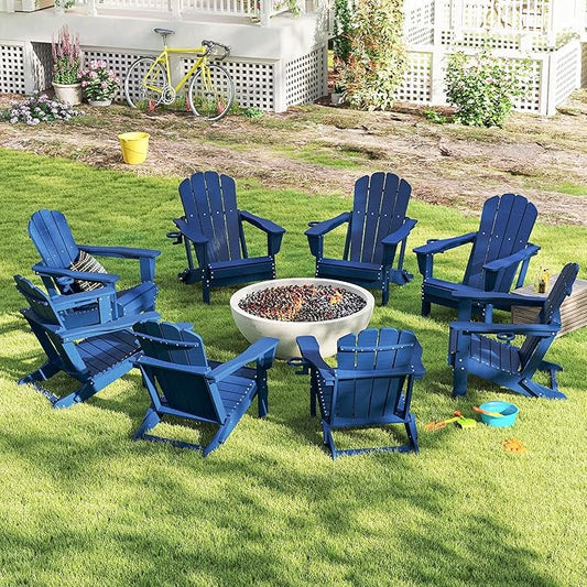 Domi Folding Adirondack Chairs Set of 8, HDPE All-Weather Outdoor Chairs with Cup Holder, Wooden Textured Fire Pit Chairs for Backyard, Patio, Poolside & Deck, Navy Blue
