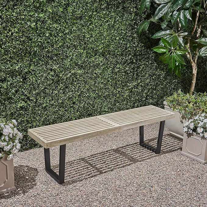 Rustic Outdoor Bench with Metal Legs and Solid Wood Slats Weather-Resistant for Backyard Deck or Garden Seating