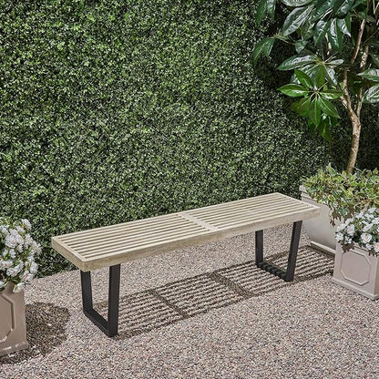 LIFE SKY Outdoor Bench Modern Patio Seating - 61.75 Inch Acacia Wood & Metal Garden Bench for Backyard & Balcony - Low-Profile Design for Adults & Outdoor Relaxation