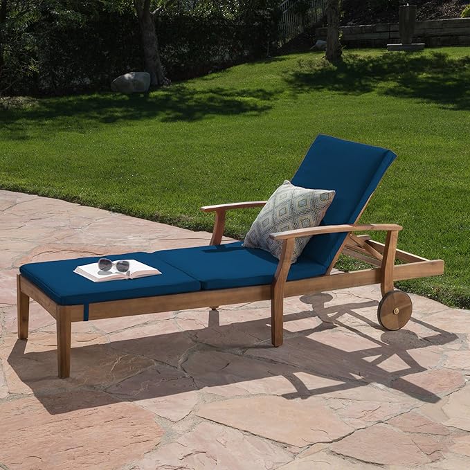 Christopher Knight Home Perla Outdoor Chaise Lounge with Water Resistant Cushion, Teak Finish / Blue - Photo 1