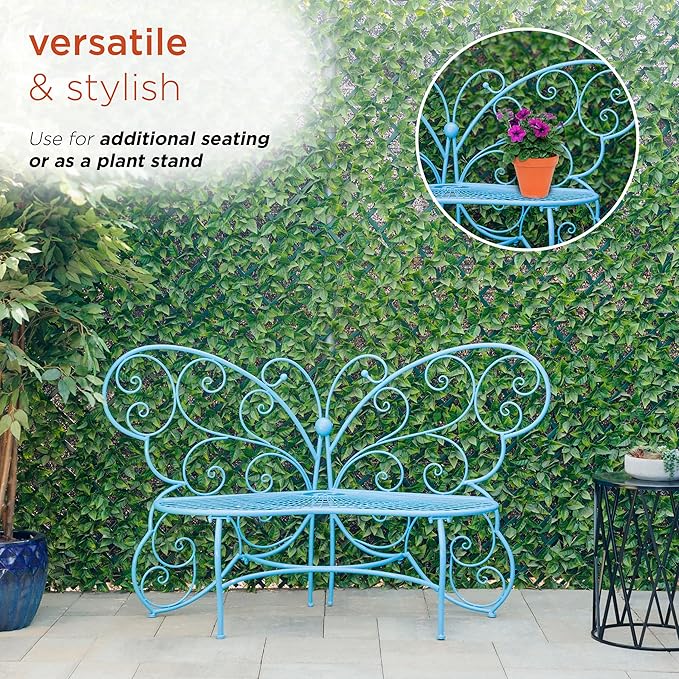 Alpine Corporation BAZ400BL Indoor Outdoor Metal Butterfly Shaped Garden Bench, 62" Long, Blue - Photo 4