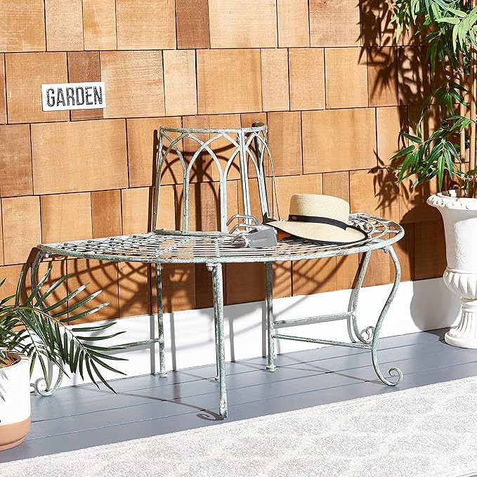 SAFAVIEH Outdoor Furniture Collection – Abia Antique Dark Green Distressed Wrought Iron 50-Inch Curved Tree Bench - Photo 2