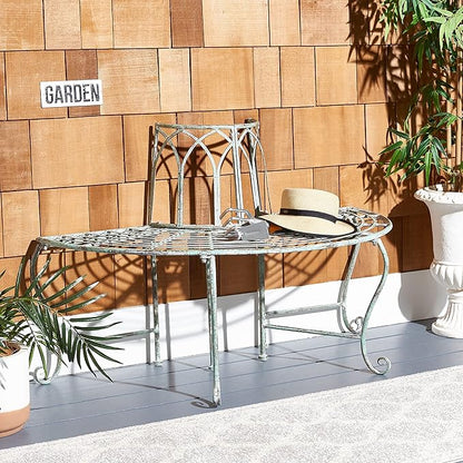 SAFAVIEH Outdoor Furniture Collection – Abia Antique Dark Green Distressed Wrought Iron 50-Inch Curved Tree Bench, Garden & Patio Seating (PAT5018D)