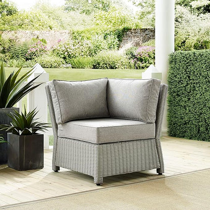 Crosley Furniture Bradenton Corner Outdoor Sectional Chair, Wicker Patio Chairs for Porch, Deck, Backyard, Gray with Gray Cushions
