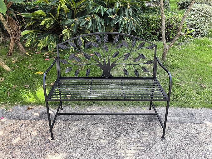 Hi-Line Gift Ltd. 42in Metal Garden Bench Tree Pattern-Black Patio Yard Seat