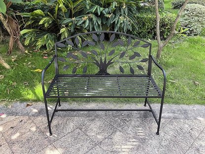 Hi-Line Gift Ltd. 42in Metal Garden Bench Tree Pattern-Black Patio Yard Seat