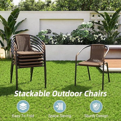 Amopatio Outdoor Dining Chairs Set of 6, Rattan Wicker Patio Chairs, Stackable Indoor-Outdoor Chairs, Bistro, Deck, Yard, Porch, 6 Pack, Brown