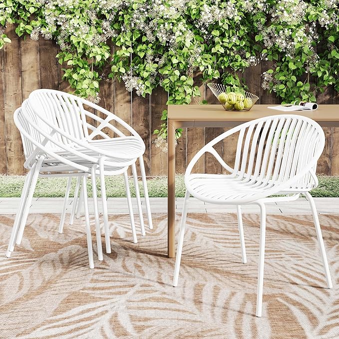 2 Pieces Outdoor Dining Chair,Modern Style Patio Dining Chairs,Breathable Design Stackable Lawn Chairs,Metal Legs+Plastic Backrest,for Patio Or Restaurant Garden (White)