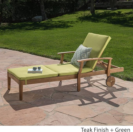 Christopher Knight Home Perla Outdoor Chaise Lounge with Water Resistant Cushion, Teak Finish / Green