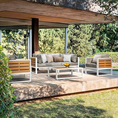 NUU GARDEN Outdoor Rectangle Coffee Table, Powder-Coated Aluminum Frame, 40'' x 15'' Slatted Imitation Wood Tabletop, for Patio, Garden, Backyard and Balcony, White