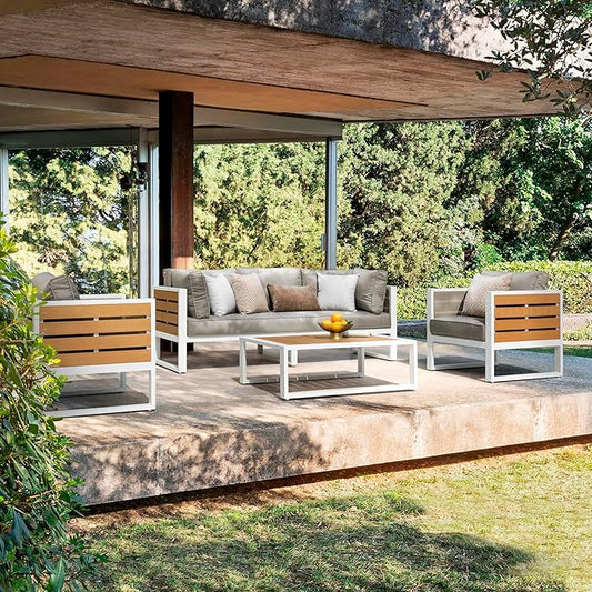 NUU GARDEN Outdoor Rectangle Coffee Table, Powder-Coated Aluminum Frame, 40'' x 15'' Slatted Imitation Wood Tabletop, for Patio, Garden, Backyard and Balcony, White