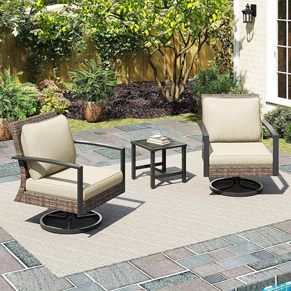 Green4ever 3-Pieces Patio Swivel Rocking Chairs Rocking with Sidetable, Metal Outdoor Rocking Chair, All Weather Rattan Patio Chairs for Porch, Bistro, Balcony, Beige