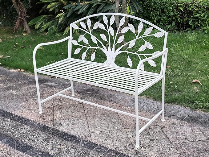 Hi-Line Gift Ltd. 42in Metal Garden Bench Tree Pattern-White Patio Yard Seat