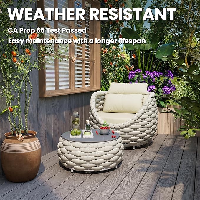 Short Round Patio Side Table: Assembled Hand Woven Rope Accent Tables - Aluminum Outdoor Coffee Table Modern - Metal Porch Furniture for 176lbs Deck Pool Garden Balcony Hotel φ25.6''/65cm, Beige