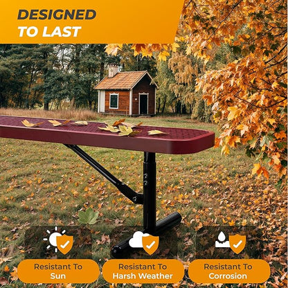 Heavy-Duty Outdoor Metal Bench, Thermoplastic-Coated, Portable, Weatherproof, Commercial-Grade for Parks, Gardens, Patios, Stores & More (6 Ft - Portable, Red)